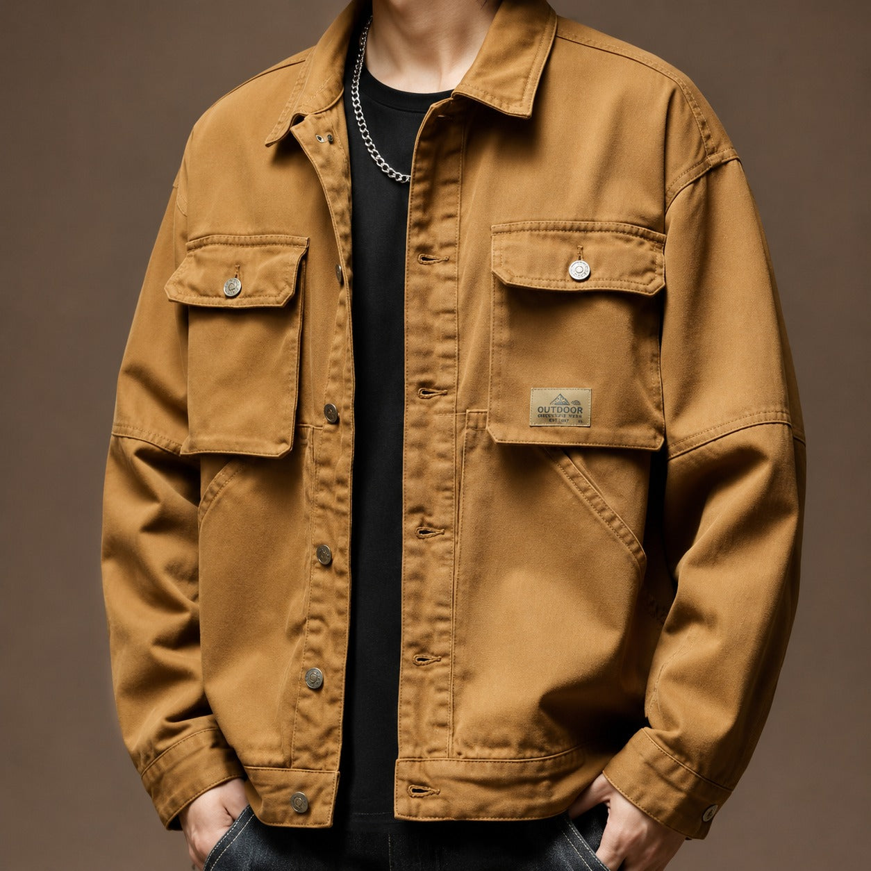 Spring and Autumn Fashion Trend Solid Color Cargo Jacket Men's Casual Loose Comfortable High Quality Plus-Size Denim Coat