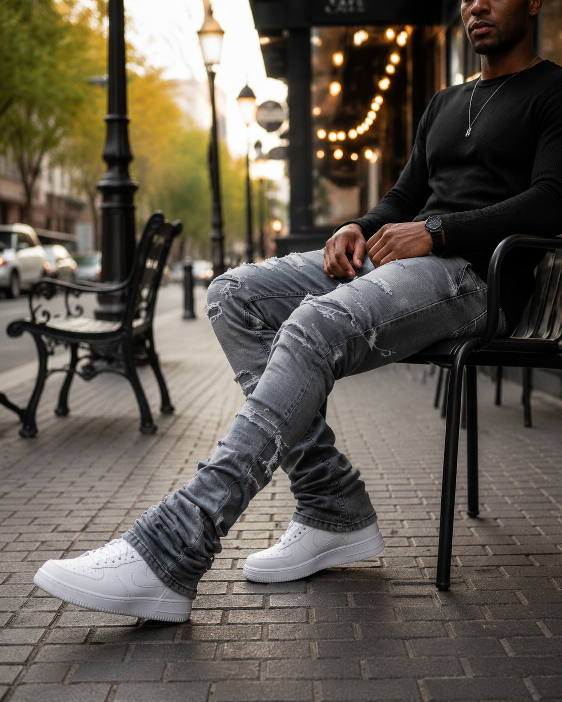Men's High Street Distressed Stacked Jeans Patchwork Frayed Slim Straight Denim Pants Blue Trendy Fashion Slim Fit Trousers 1 sold