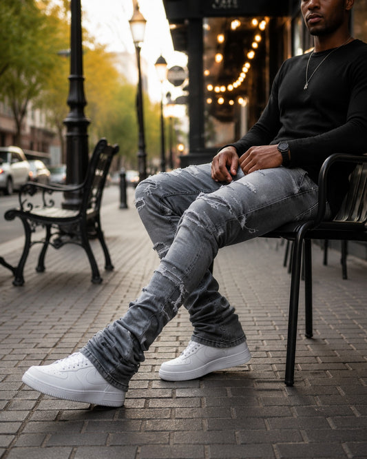 Men's High Street Distressed Stacked Jeans Patchwork Frayed Slim Straight Denim Pants Blue Trendy Fashion Slim Fit Trousers 1 sold