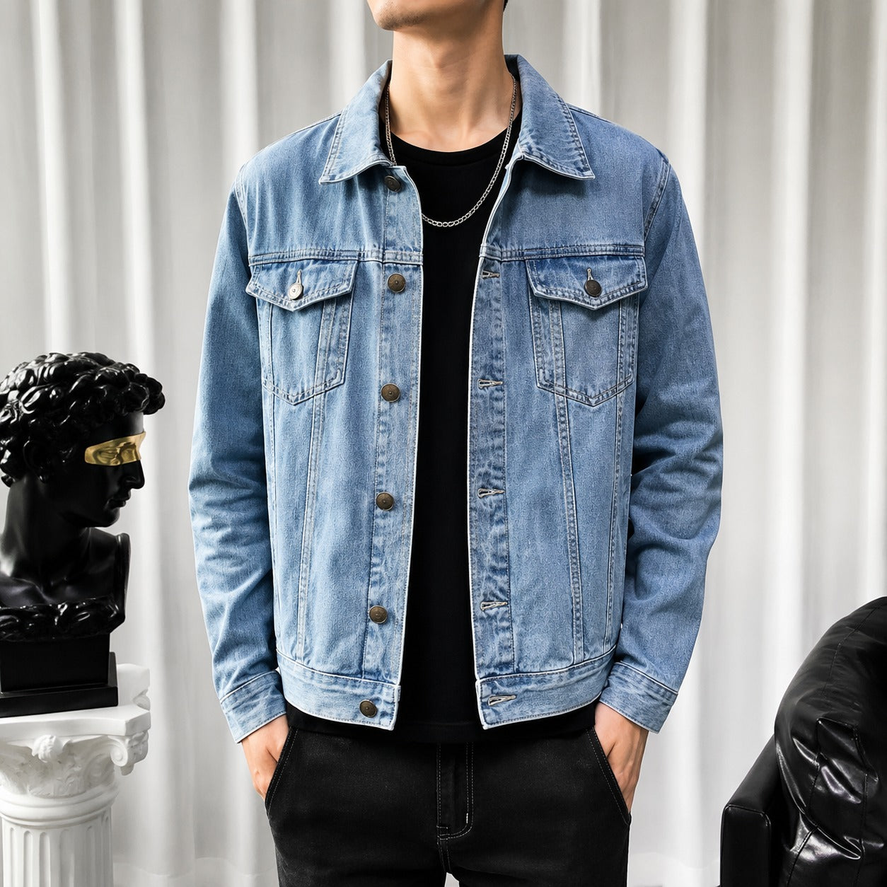 Spring Autumn Men Denim Jackets Casual Solid Color Lapel Single Breasted Jeans Jacket Men Slim Fit Cotton Outwear Jackets