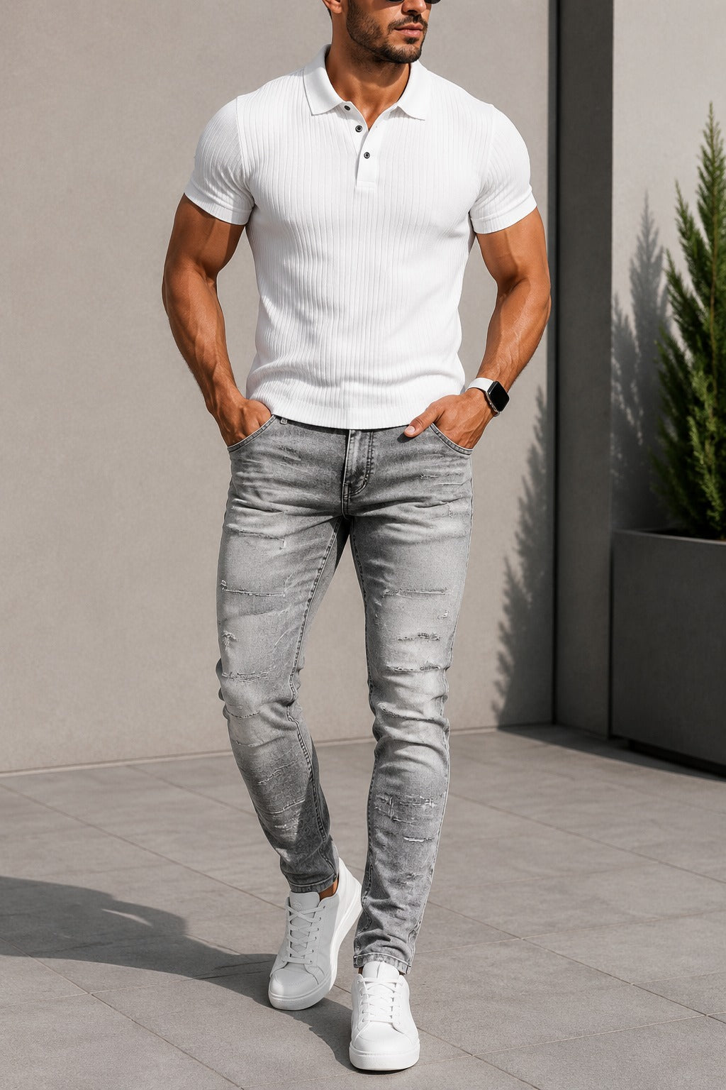 Men's High Street Distressed Stacked Jeans Patchwork Frayed Slim Straight Denim Pants Blue Trendy Fashion Slim Fit Trousers 1 sold