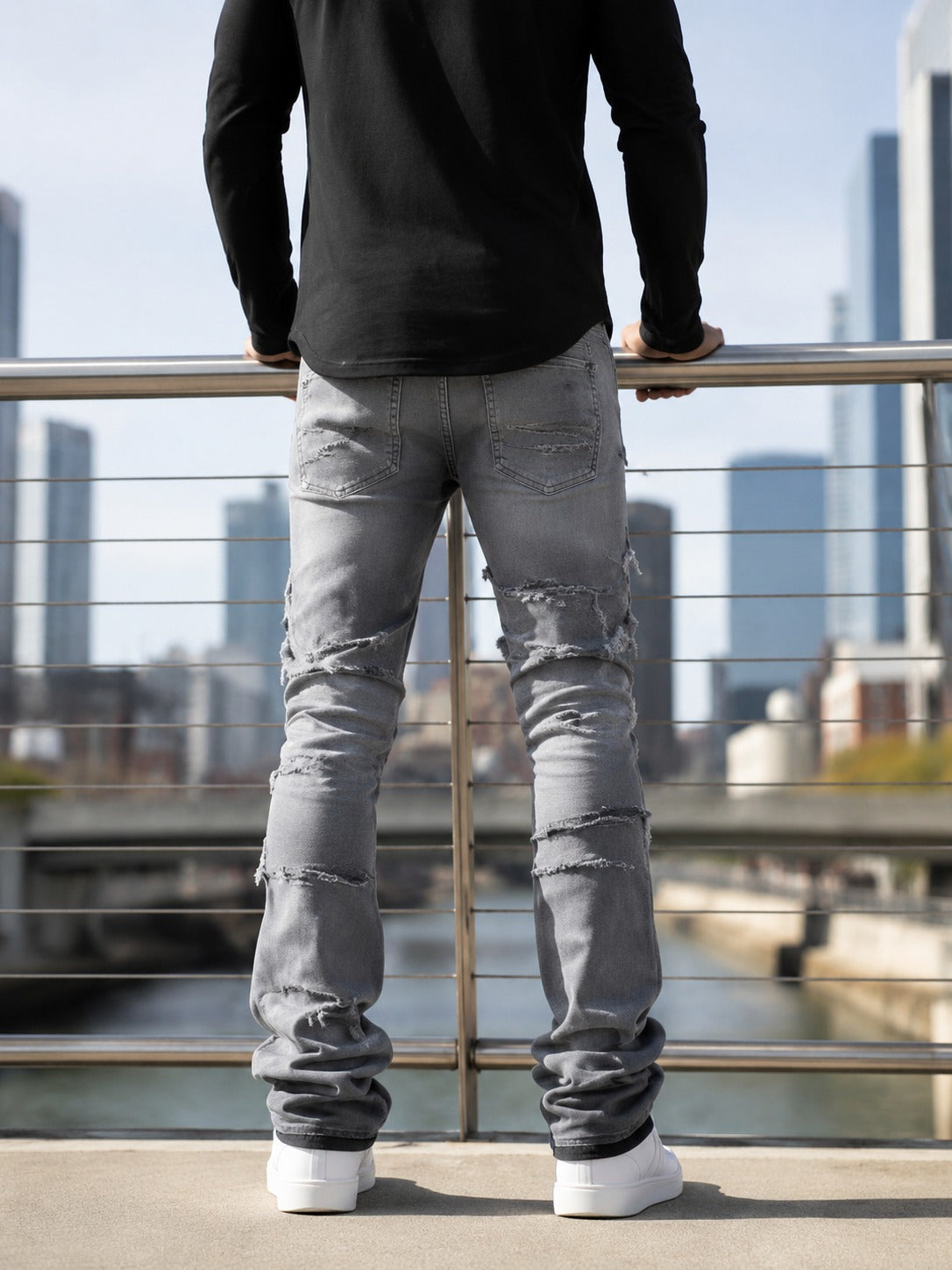 Men's High Street Distressed Stacked Jeans Patchwork Frayed Slim Straight Denim Pants Blue Trendy Fashion Slim Fit Trousers 1 sold