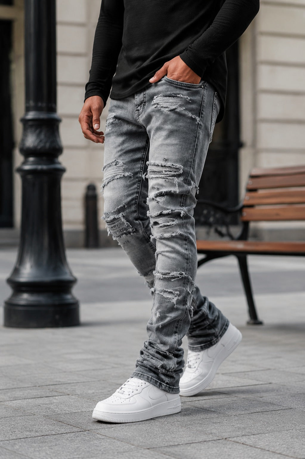 Men's High Street Distressed Stacked Jeans Patchwork Frayed Slim Straight Denim Pants Blue Trendy Fashion Slim Fit Trousers 1 sold